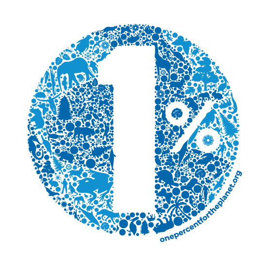 The 1% For the Planet Logo, a stylized planet earth that says 1% in the middle, with the url oncepercentfortheplanet.org around the edge. End ID.