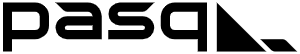 the word "Pasq" in lowercase letters, in a stylized, sans-serif font. After the letters there is an isosceles triangle with the shorter sides down and on the left. At the right end of the triangle there is a smaller paralellogram leaning with the triangle. The shapes together resemble a bird flying to the right, or a set of overlapping hills. End ID.