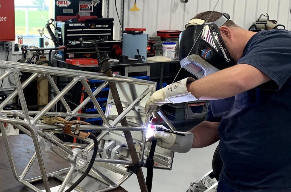 Alex welding part of the very first Pasq ADV1 prototype. The ADV1 is a single-wheel trailer that is pulled behind adventure touring motorcycles and dual-sport motorcycles.