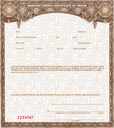 A blank Manufacturer's Certificate of Origin or MCO