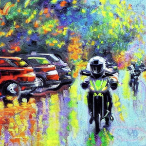 A motorcycle being ridden past three cars in the style of impressionists. AI generated.