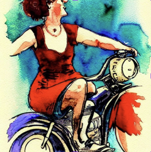 An old-style barmaid riding a motorcycle. The image was generated by AI.