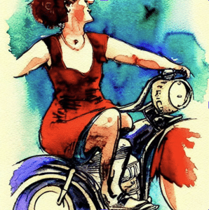 An old-style barmaid riding a motorcycle. The image was generated by AI.