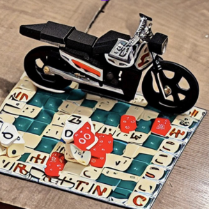 A motorcycle on top of scrabble tiles