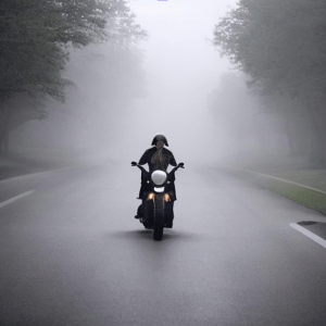 a woman riding a motorcycle in a top hat on a foggy day. Generated by an AI tool