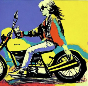 A hippie riding a motorcycle in the style of Andy Worhol. Made by an AI image generator.