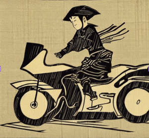 Riding a motorcycle in the rain in Japanese woodblock print style. Made by an AI image generator.