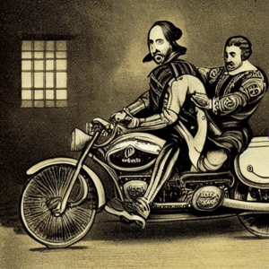 Shakespeare riding a motorcycle. Made by an AI image generator.