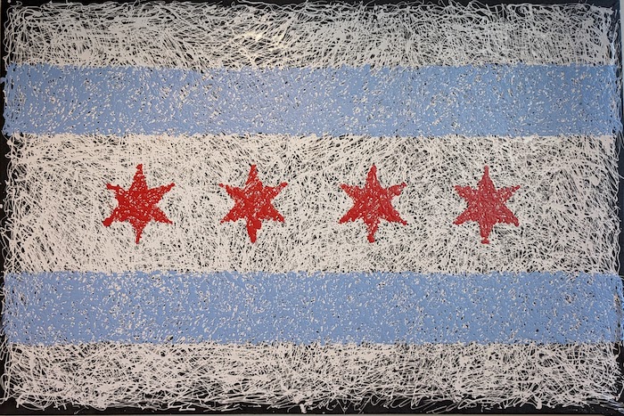 A drip painting of the Chicago flag.