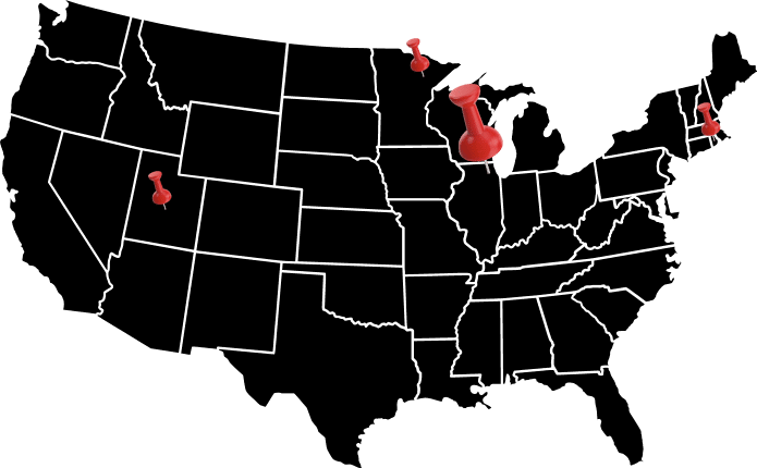 A map of the US with a large pin stuck in Chicago, and three pins stuck in: 1) Northern Minnesota, 2) Utah, and 3) Rhode Island